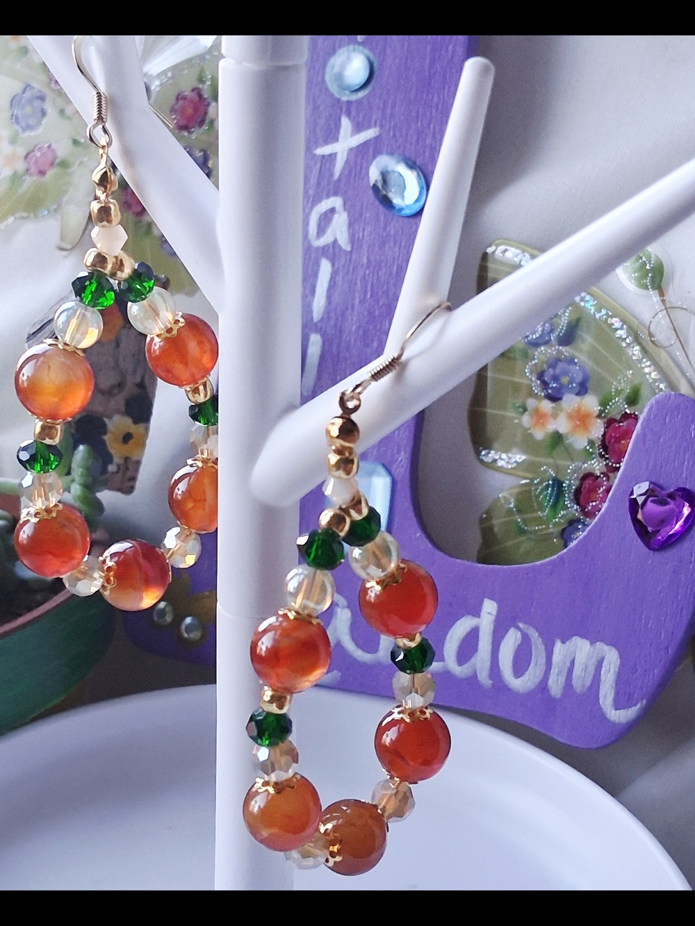 Handmade Orange Carnelian Hoop Earrings with Green Crystal Accents